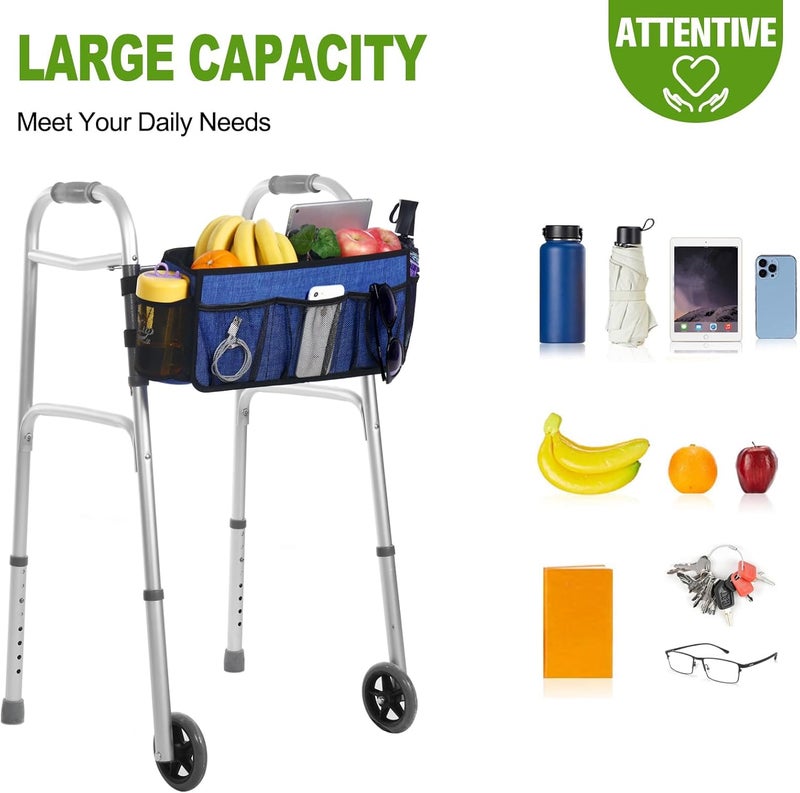 CTWWFS Upgrade Walker Basket with Cup Holder, Foldable Walker Storage Bag for seniors with Big Capacity & Never Tipping Over, Best Gift for Family (Blue) - Image 5